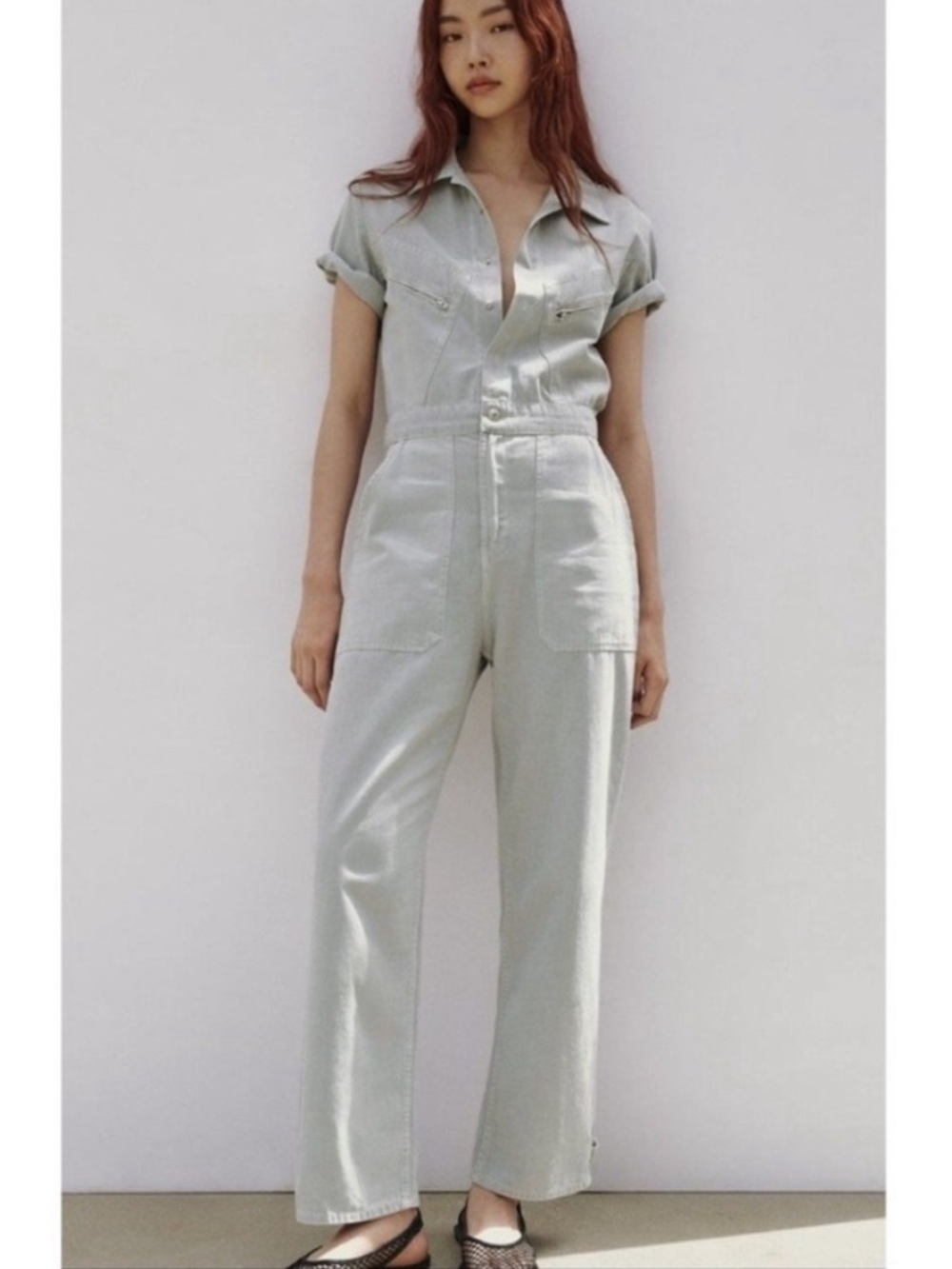 Zara Light Gray Short-Sleeve Utility Jumpsuit size small